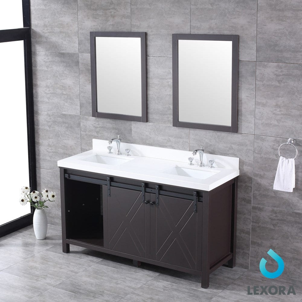 Lexora Marsyas 60" Brown Double Vanity Set | White Quartz Top | White Ceramic Square Undermount Sinks | 24" Mirrors