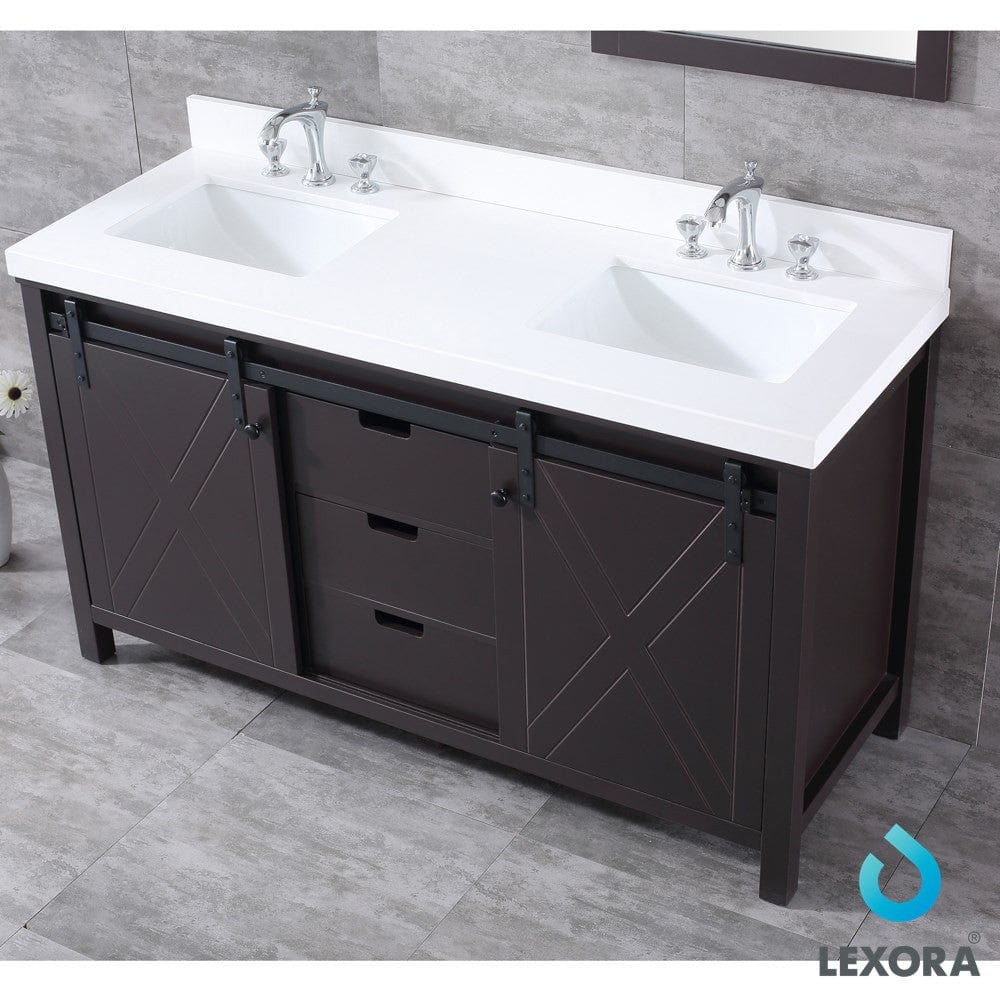 Lexora Marsyas 60" Brown Double Vanity Set | White Quartz Top | White Ceramic Square Undermount Sinks | 24" Mirrors