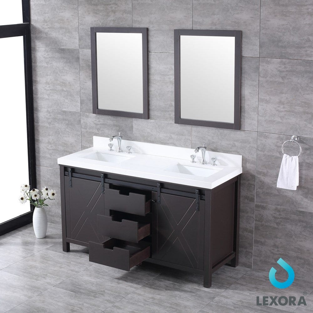 Lexora Marsyas 60" Brown Double Vanity Set | White Quartz Top | White Ceramic Square Undermount Sinks | 24" Mirrors