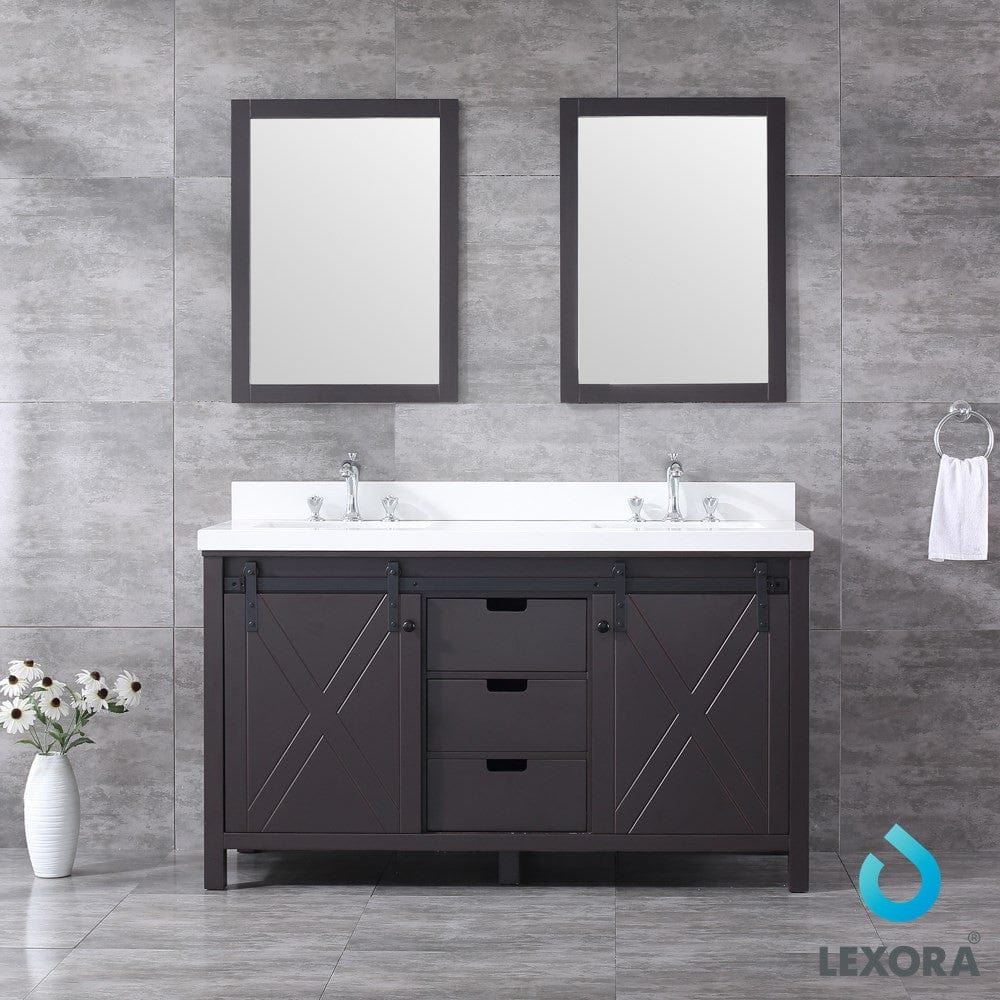 Lexora Marsyas 60" Brown Double Vanity Set | White Quartz Top | White Ceramic Square Undermount Sinks | 24" Mirrors