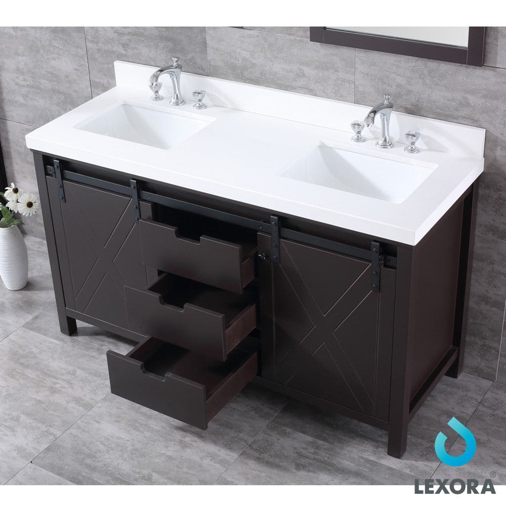 Lexora Marsyas 60" Brown Double Vanity Set | White Quartz Top | White Ceramic Square Undermount Sinks | 24" Mirrors