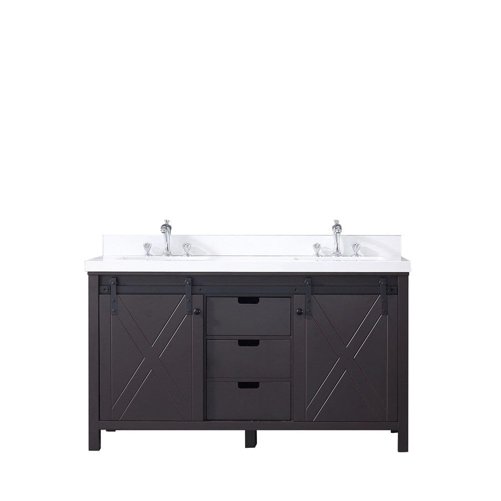 Lexora Marsyas 60" Brown Double Vanity | White Quartz Top | White Ceramic Square Undermount Sinks | No Mirror