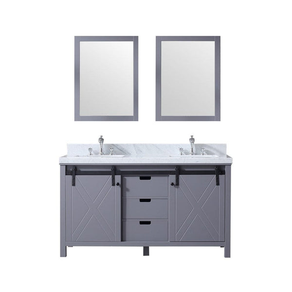 Lexora Marsyas 60 Dark Grey Double Vanity Set | White Carrara Marble Top | White Ceramic Square Undermount Sinks | 24 Mirrors