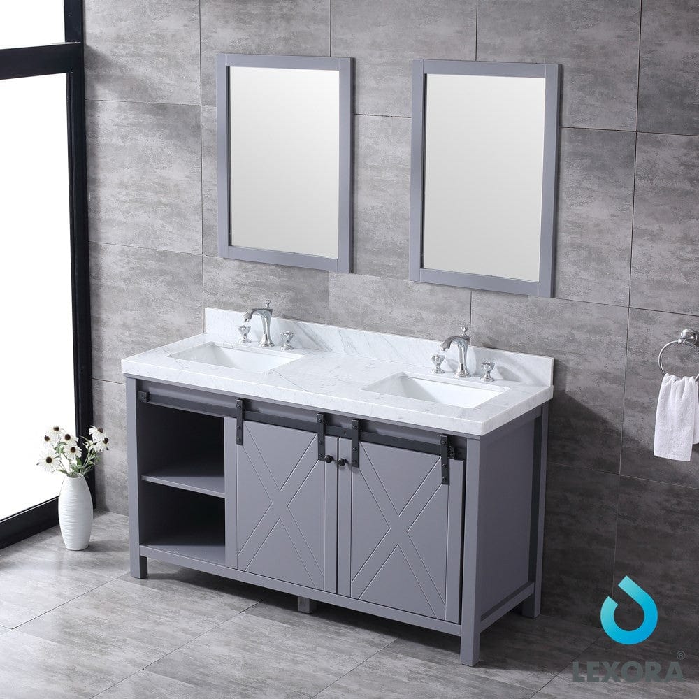 Lexora Marsyas 60" Dark Grey Double Vanity Set | White Carrara Marble Top | White Ceramic Square Undermount Sinks | 24" Mirrors