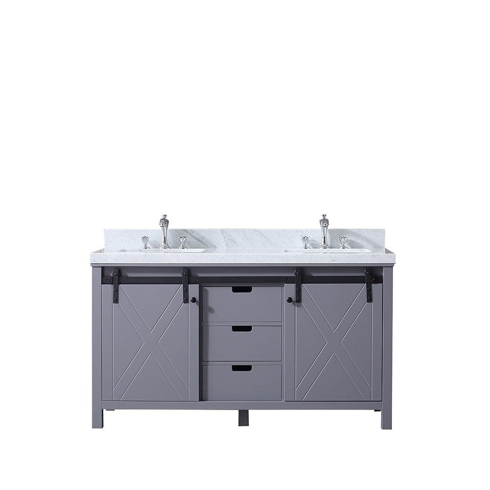 Lexora Marsyas 60" Dark Grey Double Vanity | White Carrara Marble Top | White Ceramic Square Undermount Sinks | No Mirror