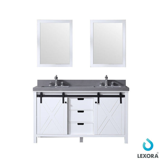 Lexora Vanities Lexora Marsyas 60" White Double Vanity Set in White | Grey Quartz Top | White Ceramic Square Undermount Sinks | 24" Mirrors
