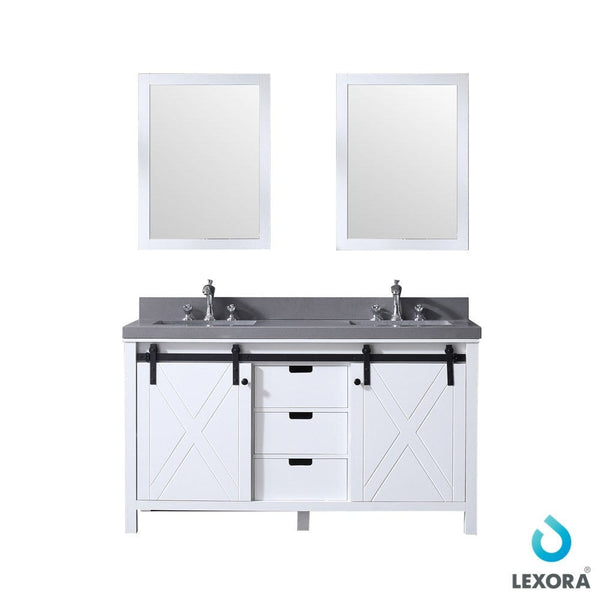 Lexora Marsyas 60 White Double Vanity Set in White | Grey Quartz Top | White Ceramic Square Undermount Sinks | 24 Mirrors