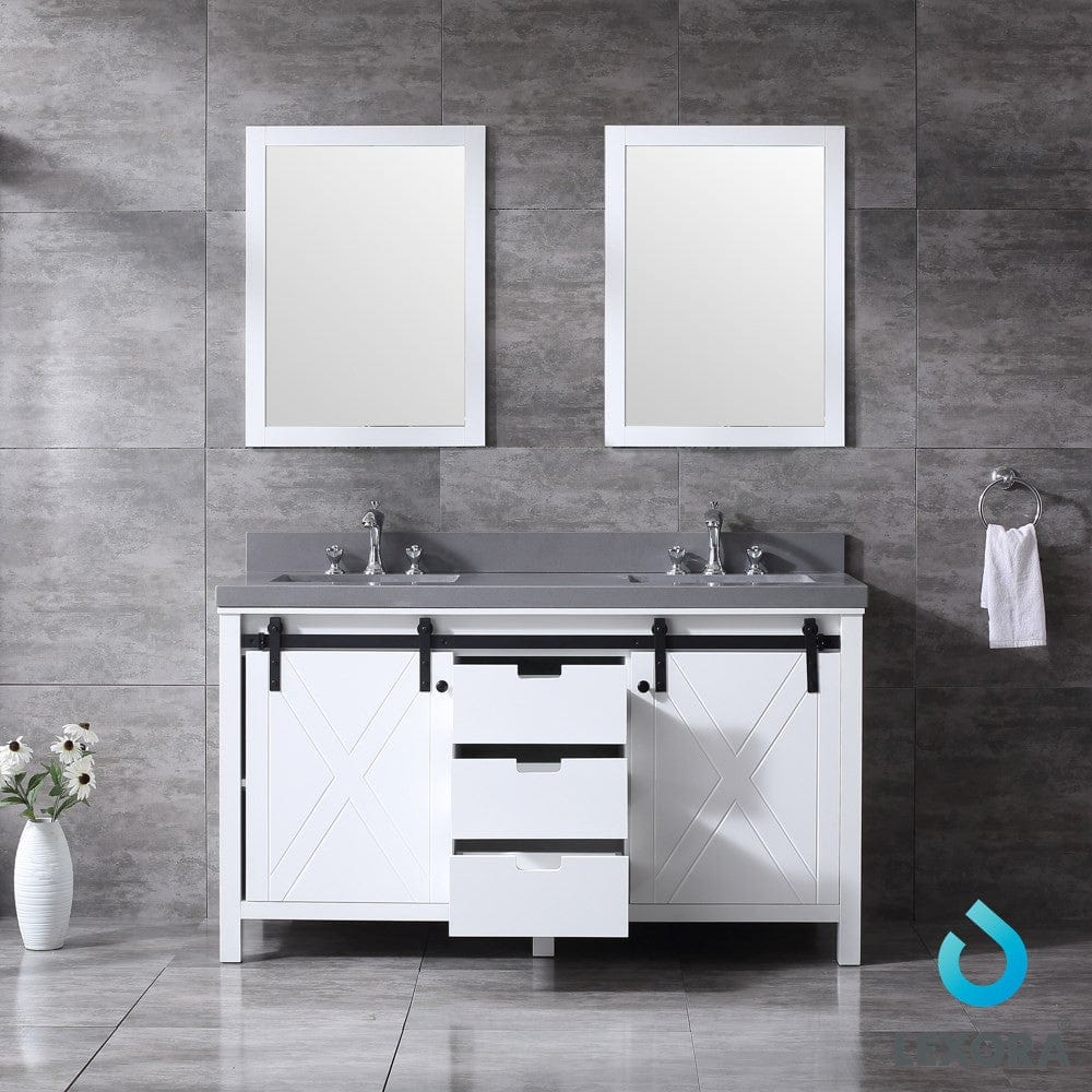 Lexora Marsyas 60" White Double Vanity Set in White | Grey Quartz Top | White Ceramic Square Undermount Sinks | 24" Mirrors