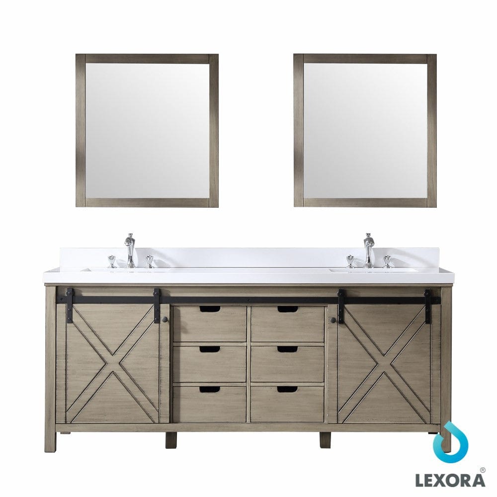 Lexora Marsyas 80" Ash Grey Double Vanity Set | White Quartz Top | White Ceramic Square Undermount Sinks | 30" Mirrors