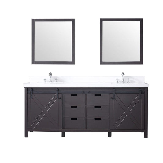 Lexora Marsyas 80" Brown Double Vanity Set | White Quartz Top | White Ceramic Square Undermount Sinks | 30" Mirrors