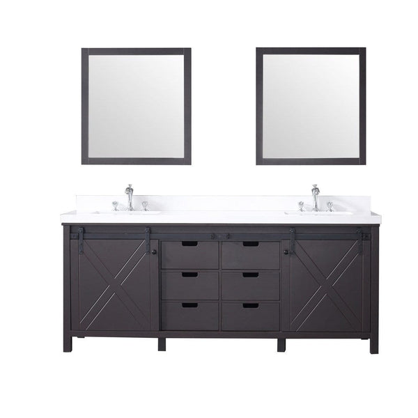 Lexora Marsyas 80 Brown Double Vanity Set | White Quartz Top | White Ceramic Square Undermount Sinks | 30 Mirrors