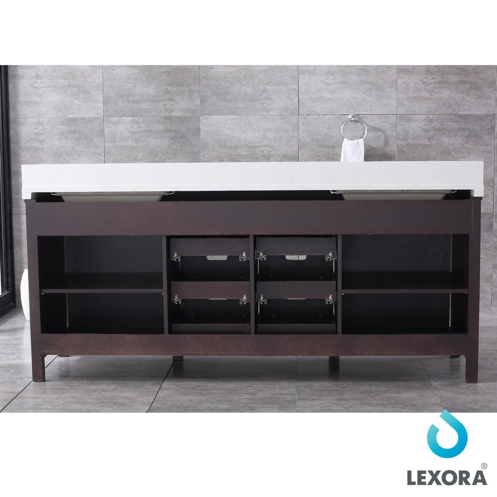 Lexora Marsyas 80" Brown Double Vanity Set | White Quartz Top | White Ceramic Square Undermount Sinks | 30" Mirrors