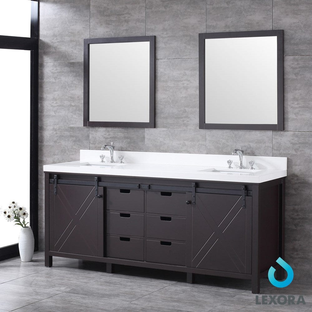 Lexora Marsyas 80" Brown Double Vanity Set | White Quartz Top | White Ceramic Square Undermount Sinks | 30" Mirrors