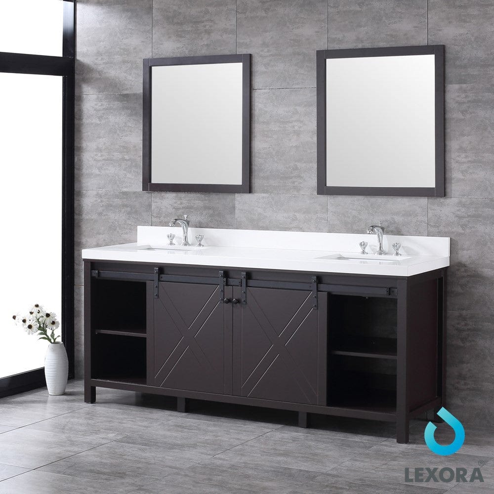 Lexora Marsyas 80" Brown Double Vanity Set | White Quartz Top | White Ceramic Square Undermount Sinks | 30" Mirrors