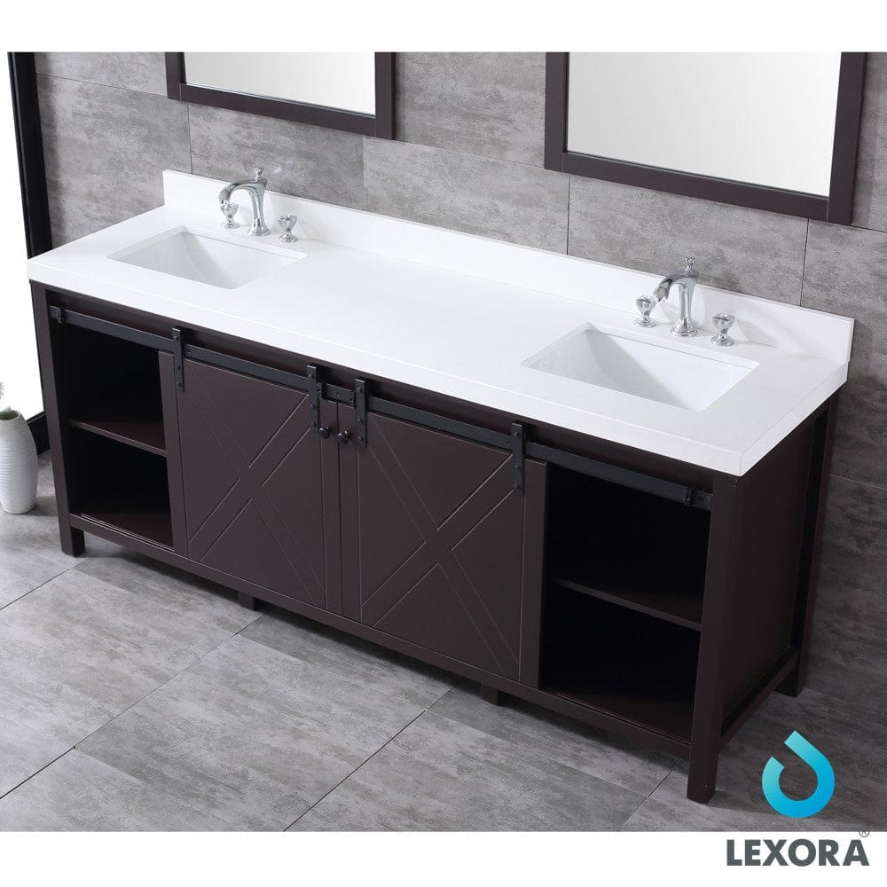 Lexora Marsyas 80" Brown Double Vanity Set | White Quartz Top | White Ceramic Square Undermount Sinks | 30" Mirrors