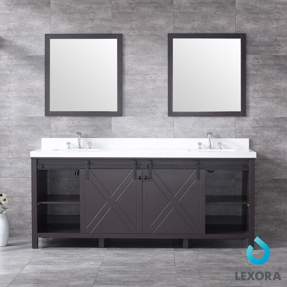 Lexora Marsyas 80" Brown Double Vanity Set | White Quartz Top | White Ceramic Square Undermount Sinks | 30" Mirrors