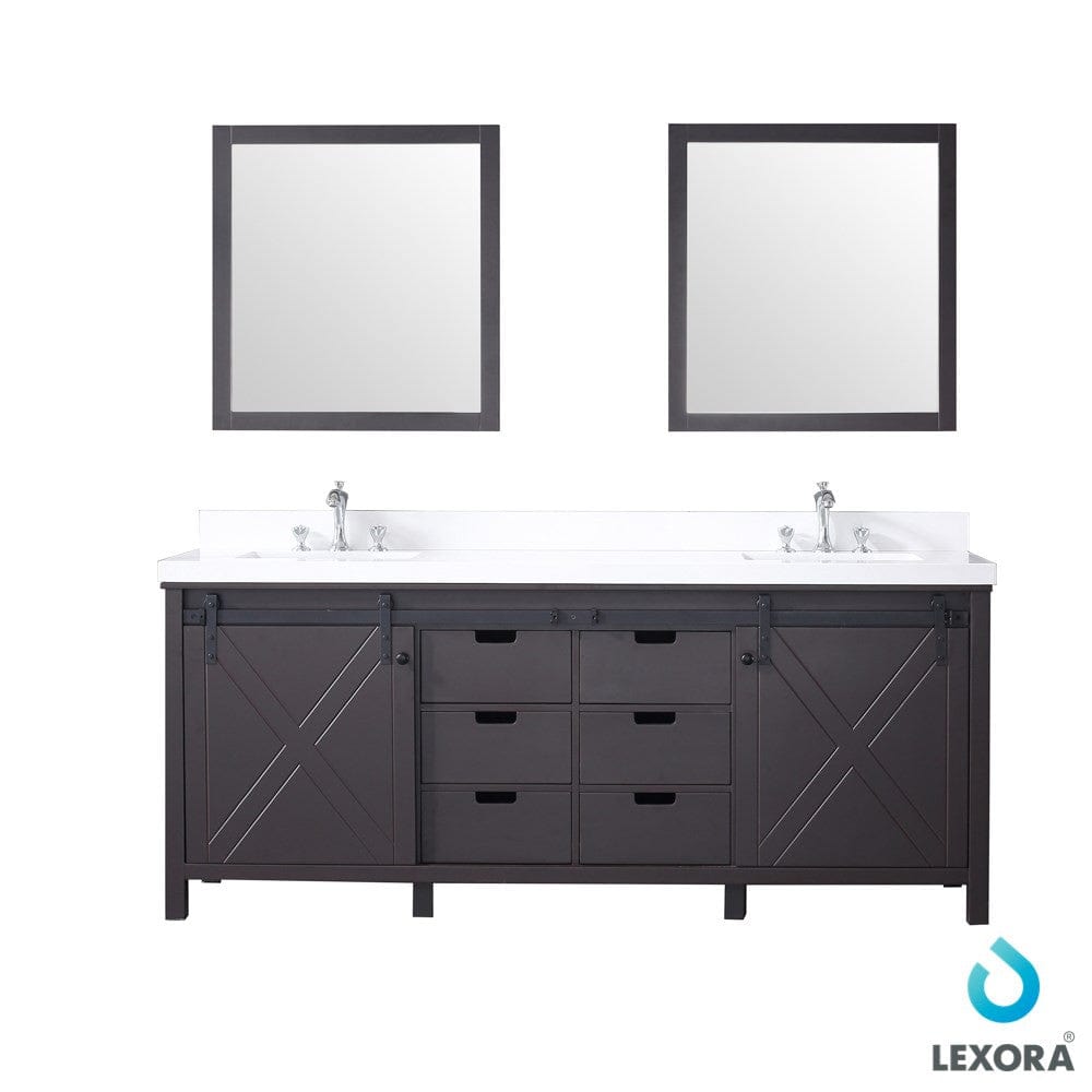 Lexora Marsyas 80" Brown Double Vanity Set | White Quartz Top | White Ceramic Square Undermount Sinks | 30" Mirrors