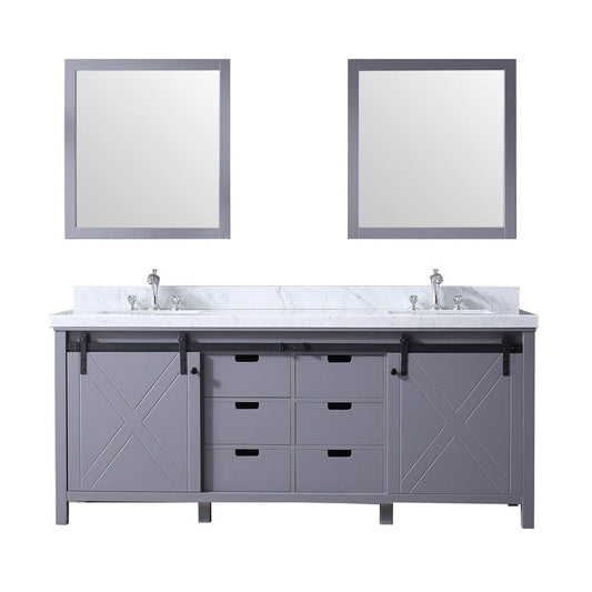 Lexora Marsyas 80" Dark Grey Double Vanity Set | White Carrara Marble Top | White Ceramic Square Undermount Sinks | 30" Mirrors