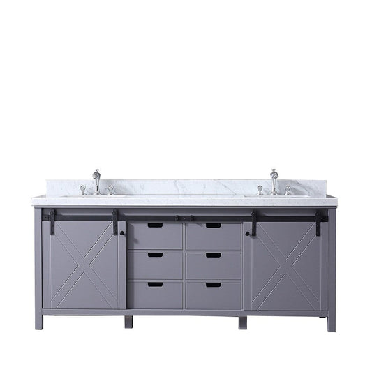 Lexora Marsyas 80" Dark Grey Double Vanity | White Carrara Marble Top | White Ceramic Square Undermount Sinks | No Mirror