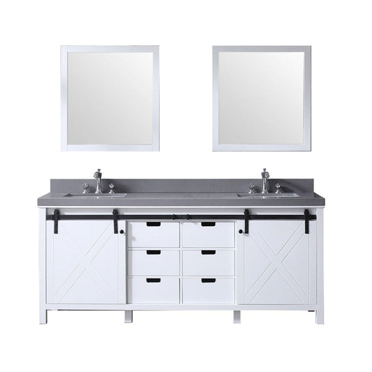 Lexora Marsyas 80" White Double Vanity Set | Grey Quartz Top | White Ceramic Square Undermount Sinks | 30" Mirrors