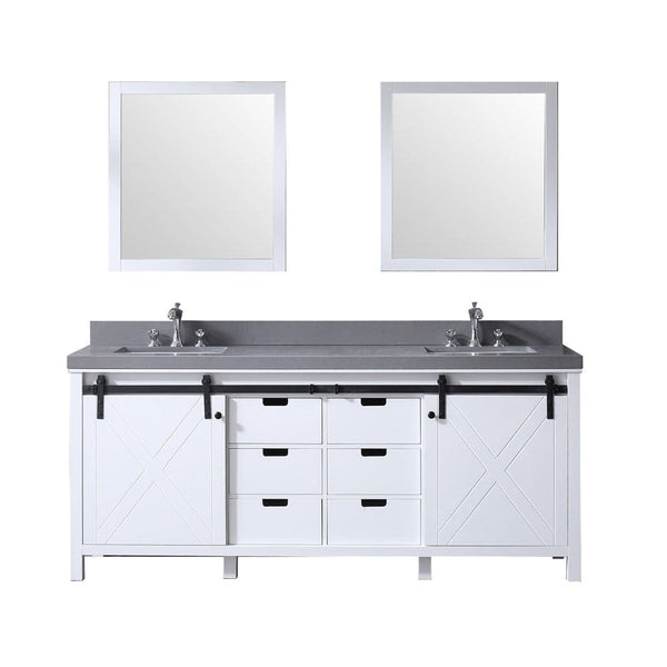 Lexora Marsyas 80 White Double Vanity Set | Grey Quartz Top | White Ceramic Square Undermount Sinks | 30 Mirrors