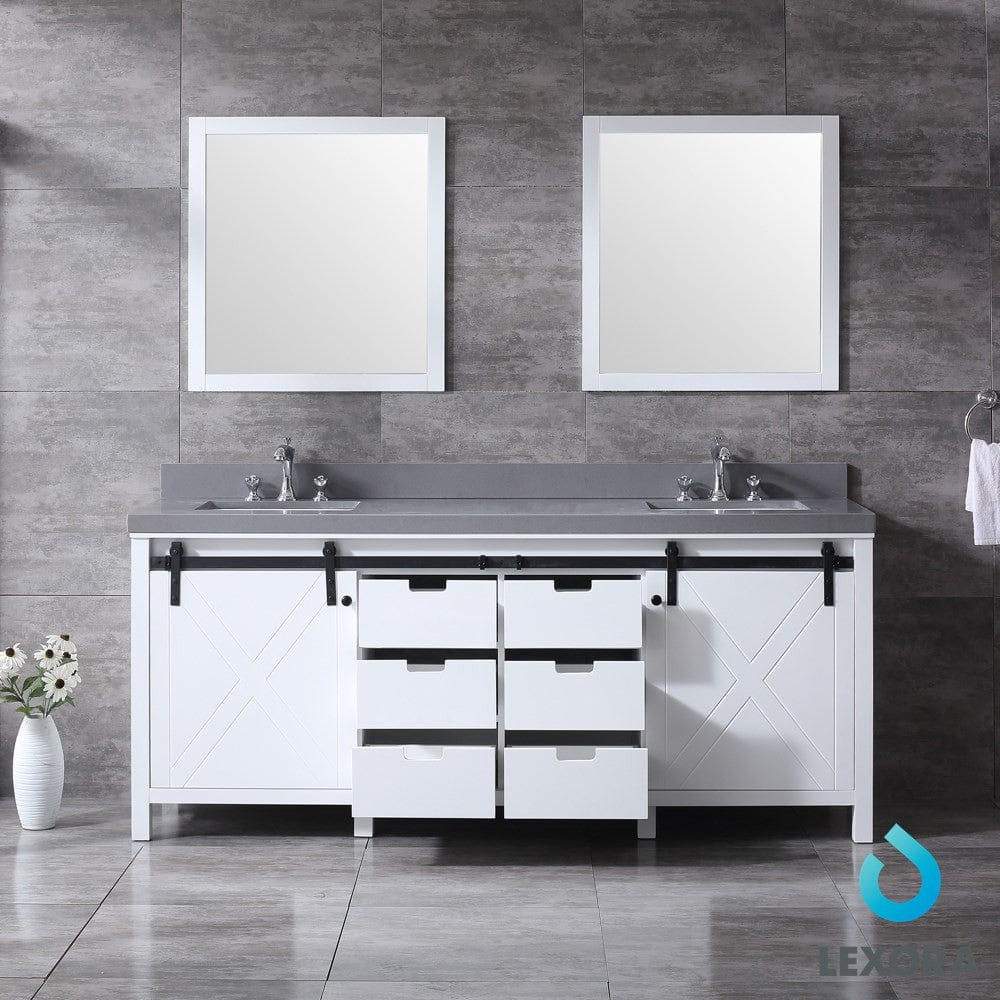 Lexora Marsyas 80" White Double Vanity Set | Grey Quartz Top | White Ceramic Square Undermount Sinks | 30" Mirrors