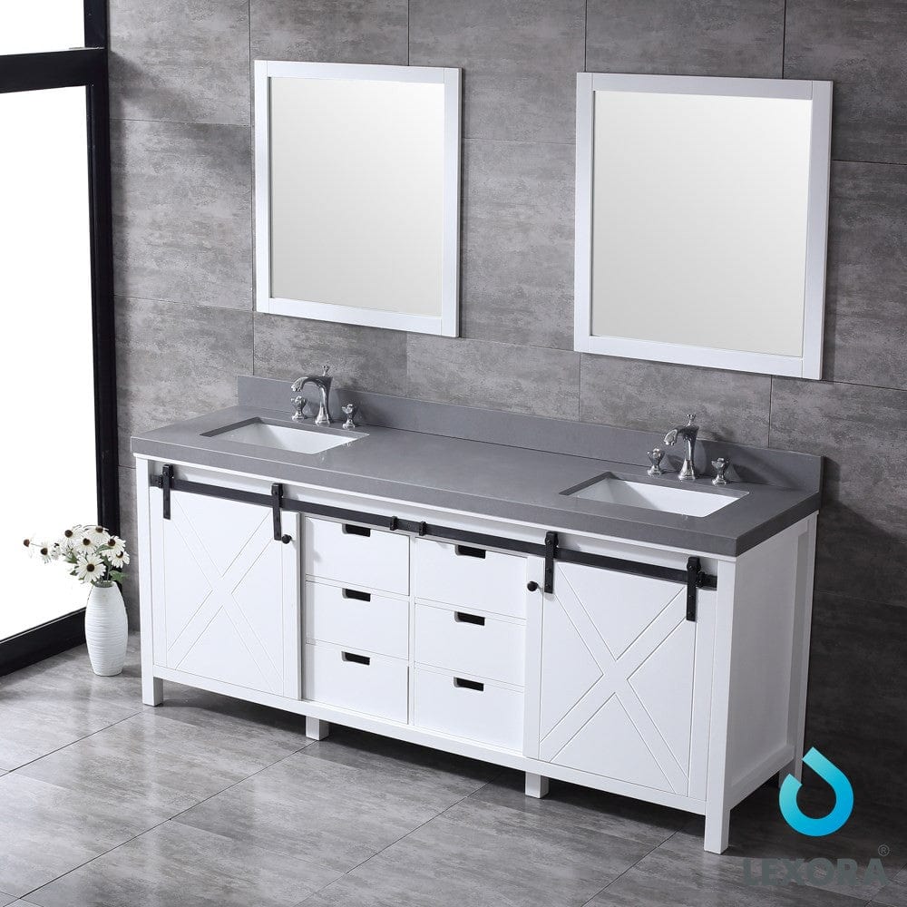 Lexora Marsyas 80" White Double Vanity Set | Grey Quartz Top | White Ceramic Square Undermount Sinks | 30" Mirrors