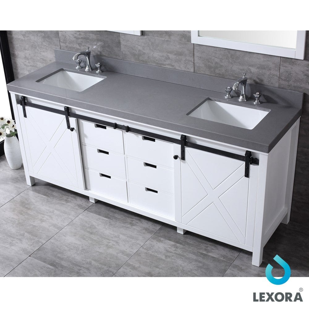 Lexora Marsyas 80" White Double Vanity Set | Grey Quartz Top | White Ceramic Square Undermount Sinks | 30" Mirrors