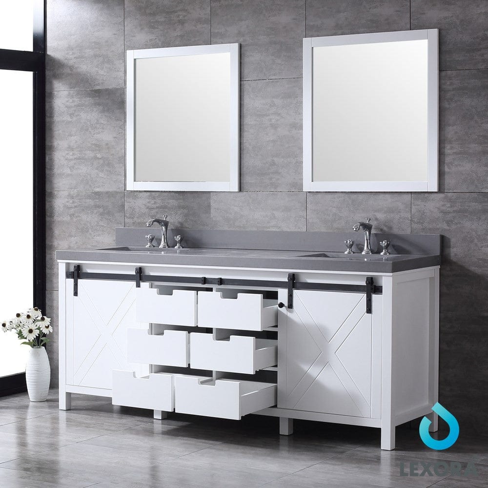 Lexora Marsyas 80" White Double Vanity Set | Grey Quartz Top | White Ceramic Square Undermount Sinks | 30" Mirrors