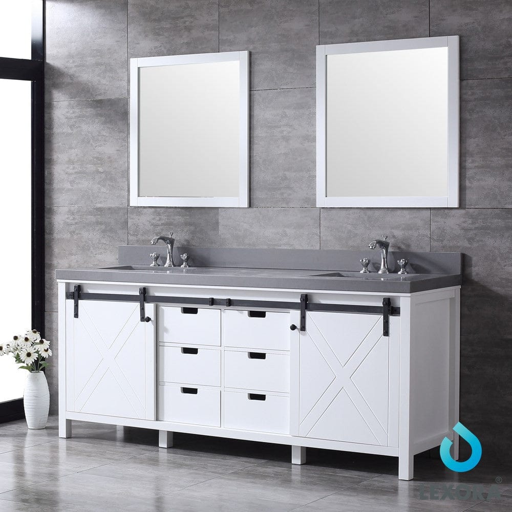 Lexora Marsyas 80" White Double Vanity Set | Grey Quartz Top | White Ceramic Square Undermount Sinks | 30" Mirrors