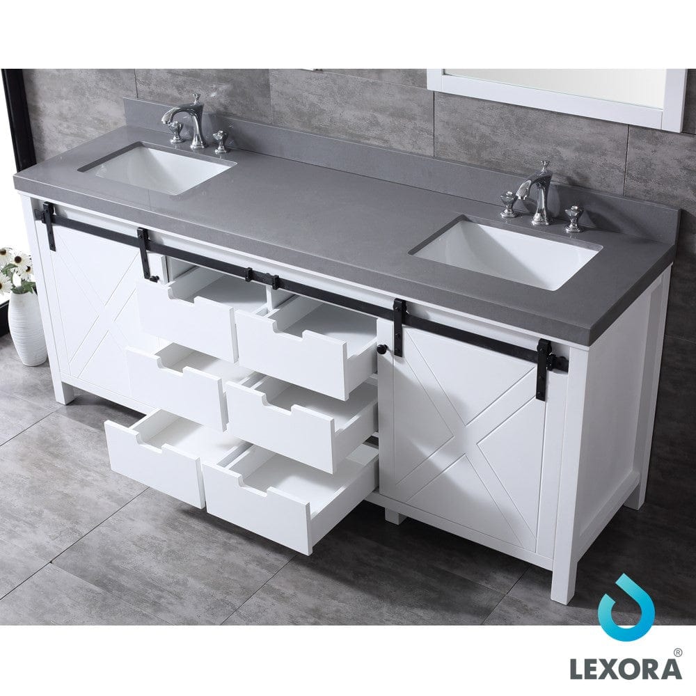 Lexora Marsyas 80" White Double Vanity Set | Grey Quartz Top | White Ceramic Square Undermount Sinks | 30" Mirrors