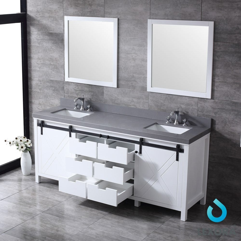 Lexora Marsyas 80" White Double Vanity Set | Grey Quartz Top | White Ceramic Square Undermount Sinks | 30" Mirrors