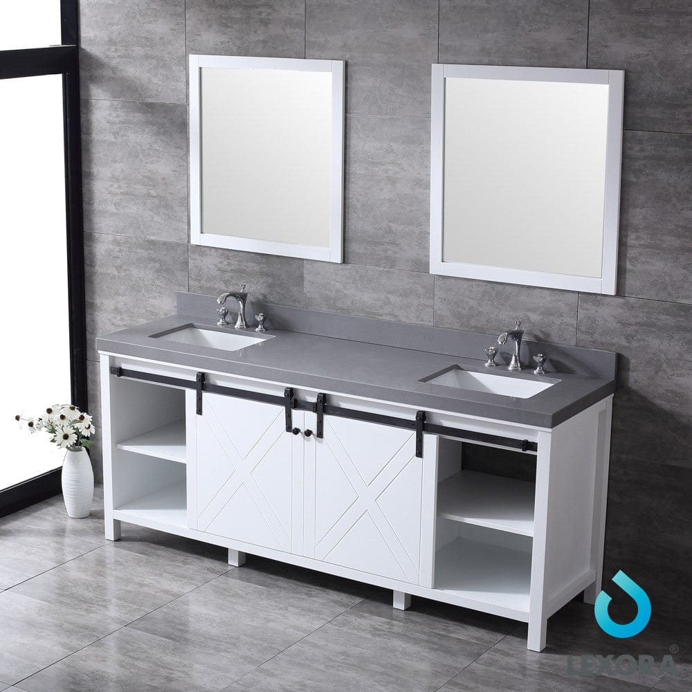 Lexora Marsyas 80" White Double Vanity Set | Grey Quartz Top | White Ceramic Square Undermount Sinks | 30" Mirrors