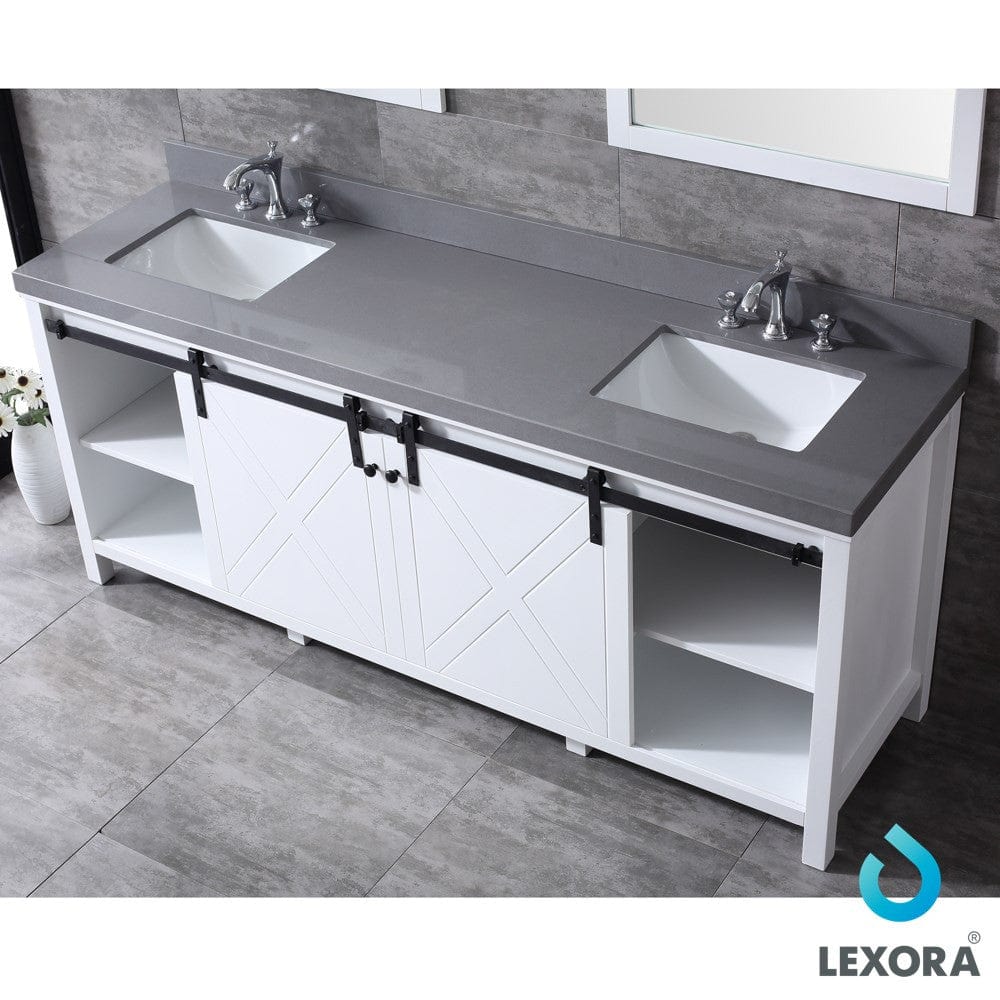 Lexora Marsyas 80" White Double Vanity Set | Grey Quartz Top | White Ceramic Square Undermount Sinks | 30" Mirrors