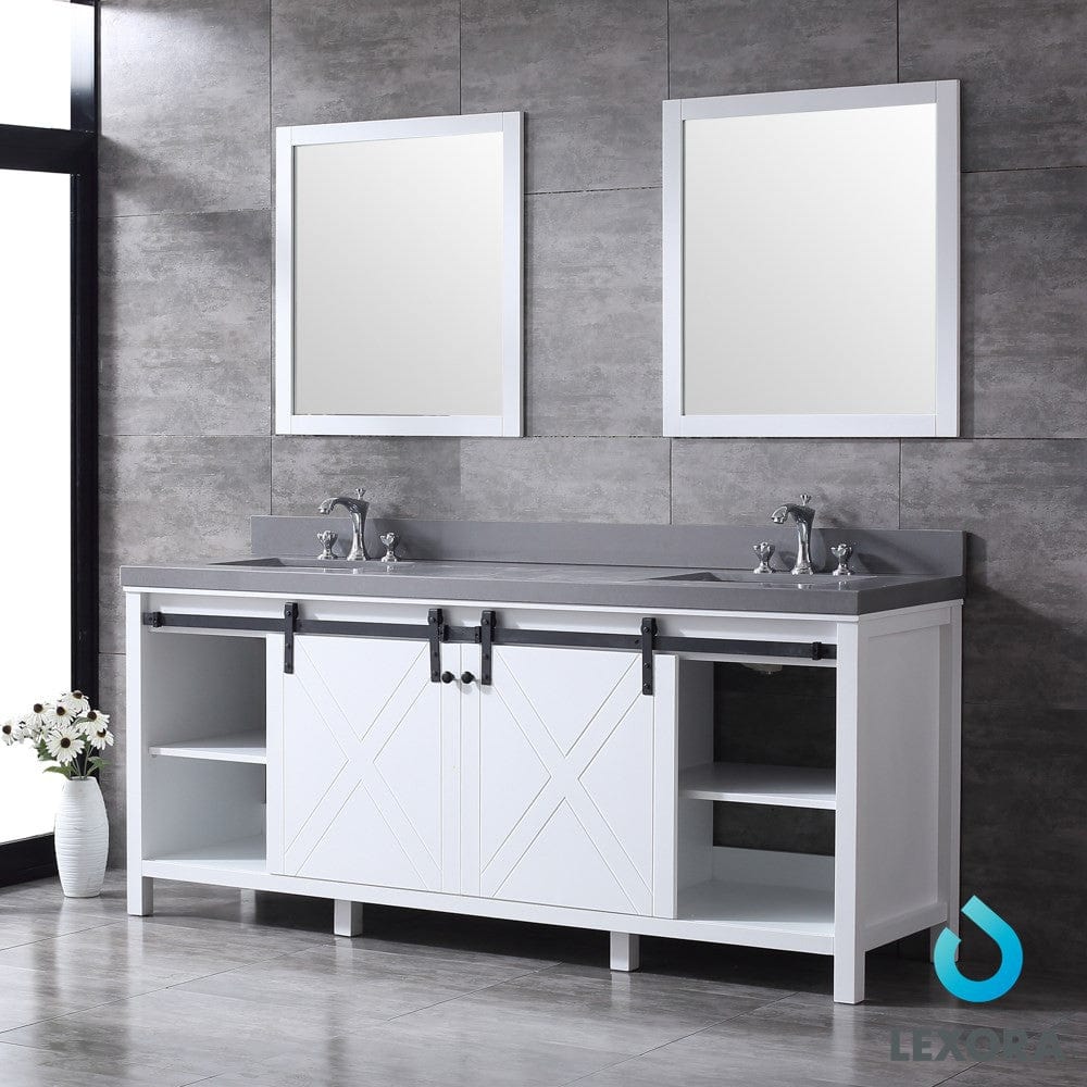 Lexora Marsyas 80" White Double Vanity Set | Grey Quartz Top | White Ceramic Square Undermount Sinks | 30" Mirrors