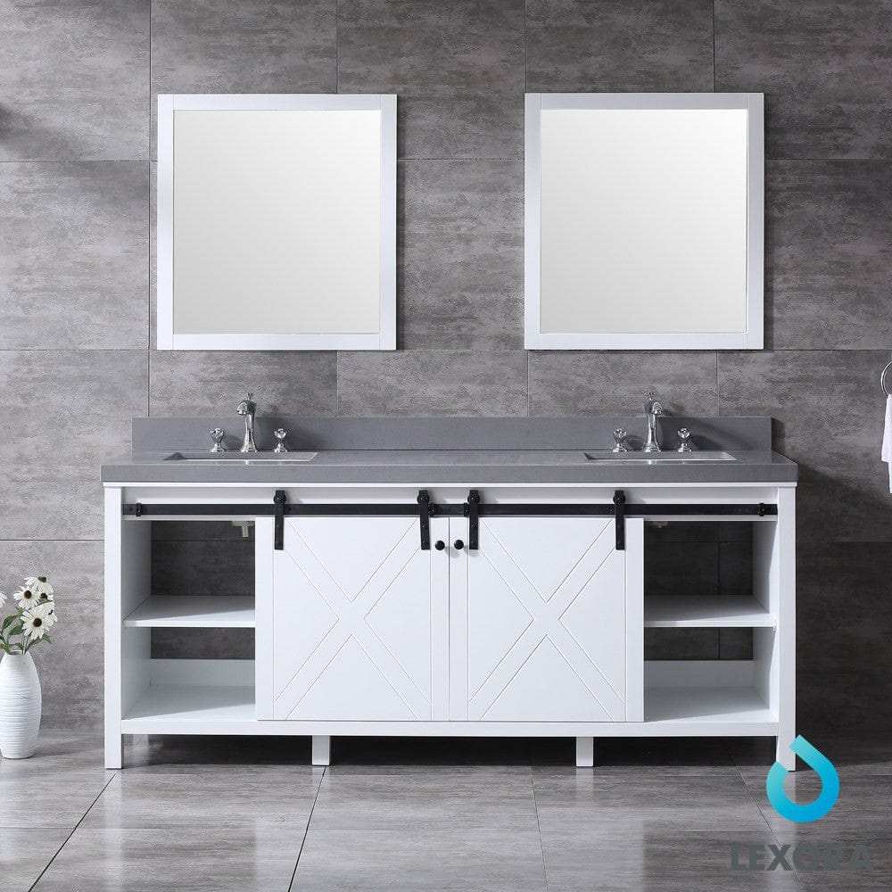 Lexora Marsyas 80" White Double Vanity Set | Grey Quartz Top | White Ceramic Square Undermount Sinks | 30" Mirrors