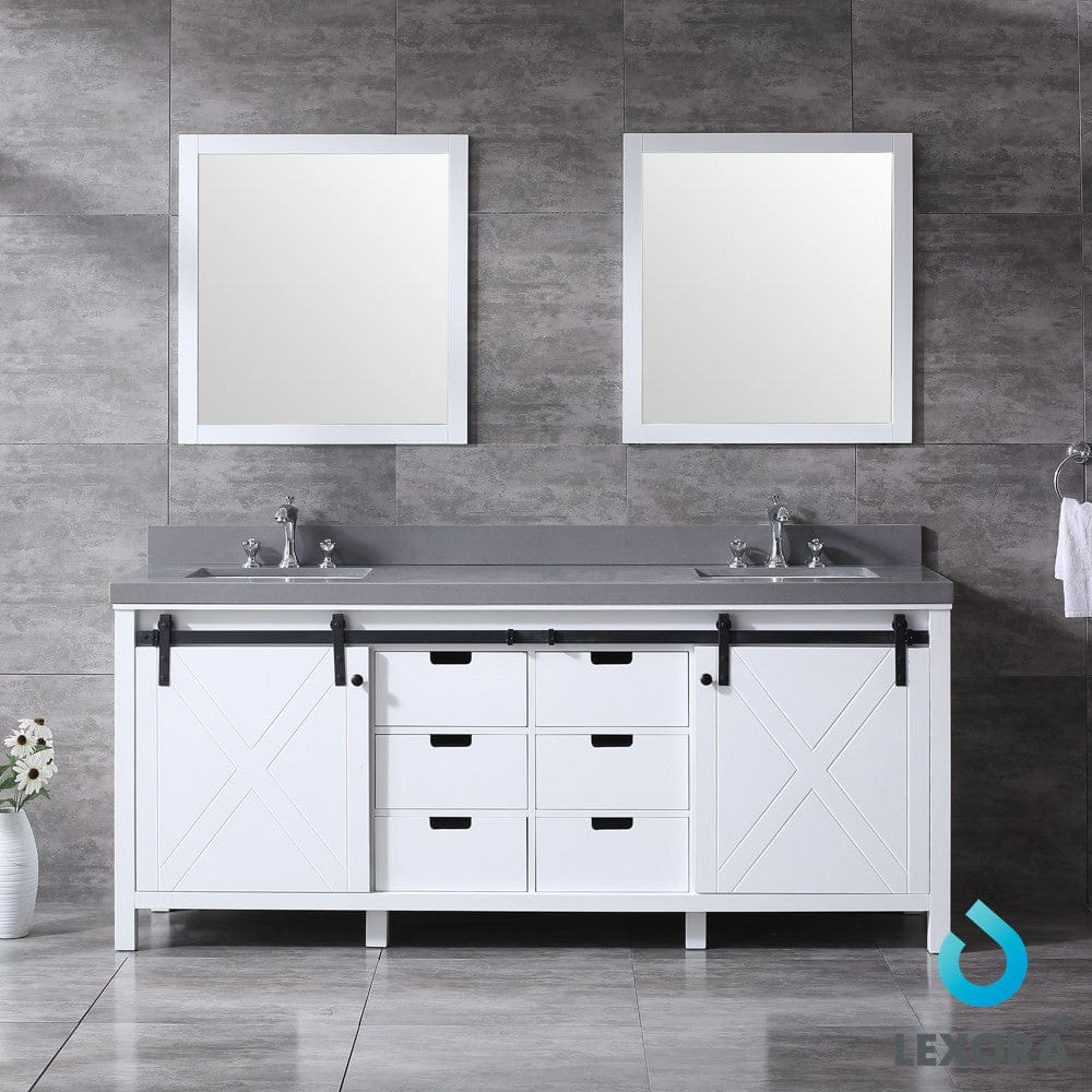 Lexora Marsyas 80" White Double Vanity Set | Grey Quartz Top | White Ceramic Square Undermount Sinks | 30" Mirrors