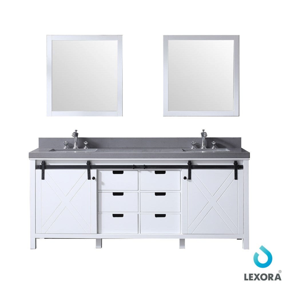 Lexora Marsyas 80" White Double Vanity Set | Grey Quartz Top | White Ceramic Square Undermount Sinks | 30" Mirrors