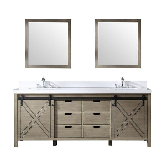 Lexora Marsyas 84" Ash Grey Double Vanity Set | White Quartz Top | White Ceramic Square Undermount Sinks | 34" Mirrors