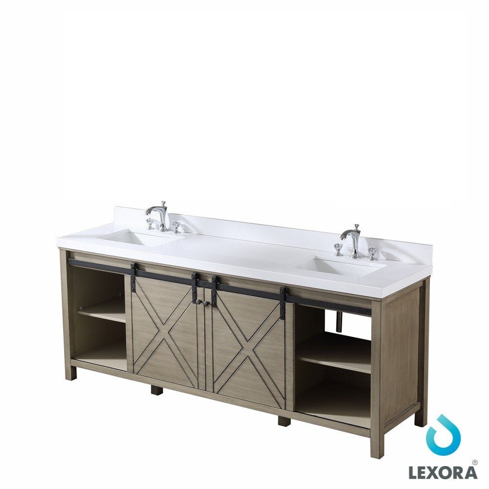 Lexora Marsyas 84" Ash Grey Double Vanity | White Quartz Top | White Ceramic Square Undermount Sinks | No Mirror