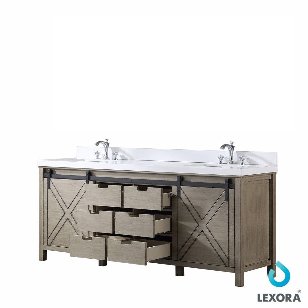 Lexora Marsyas 84" Ash Grey Double Vanity | White Quartz Top | White Ceramic Square Undermount Sinks | No Mirror