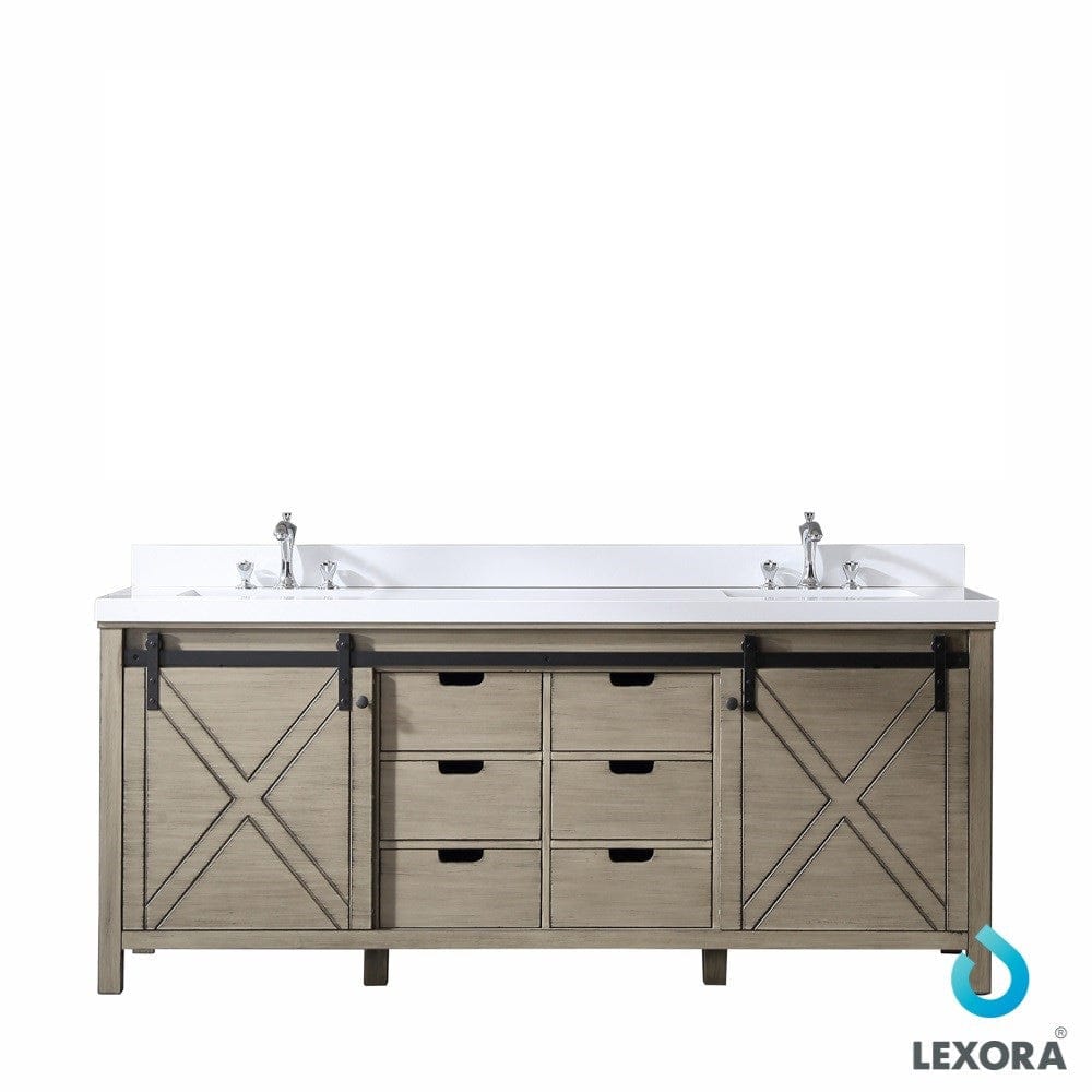 Lexora Marsyas 84" Ash Grey Double Vanity | White Quartz Top | White Ceramic Square Undermount Sinks | No Mirror