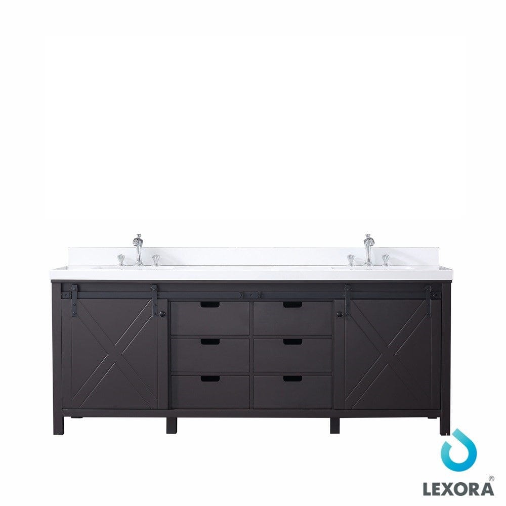 Lexora Marsyas 84" Brown Double Vanity in Brown | White Quartz Top | White Ceramic Square Undermount Sinks | No Mirror