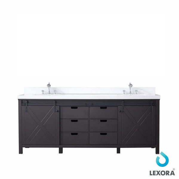 Lexora Marsyas 84 Brown Double Vanity in Brown | White Quartz Top | White Ceramic Square Undermount Sinks | No Mirror
