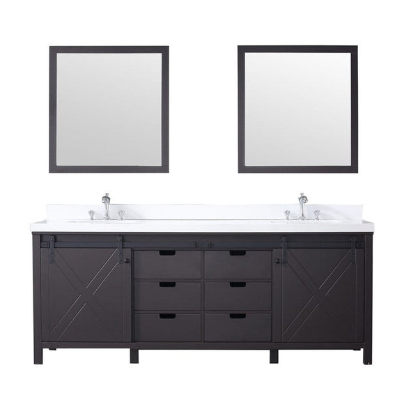 Lexora Marsyas 84 Brown Double Vanity Set | White Quartz Top | White Ceramic Square Undermount Sinks | 34 Mirrors