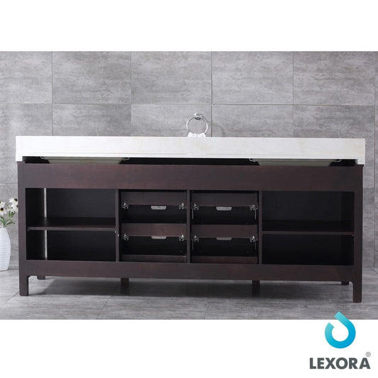 Lexora Marsyas 84" Brown Double Vanity Set | White Quartz Top | White Ceramic Square Undermount Sinks | 34" Mirrors