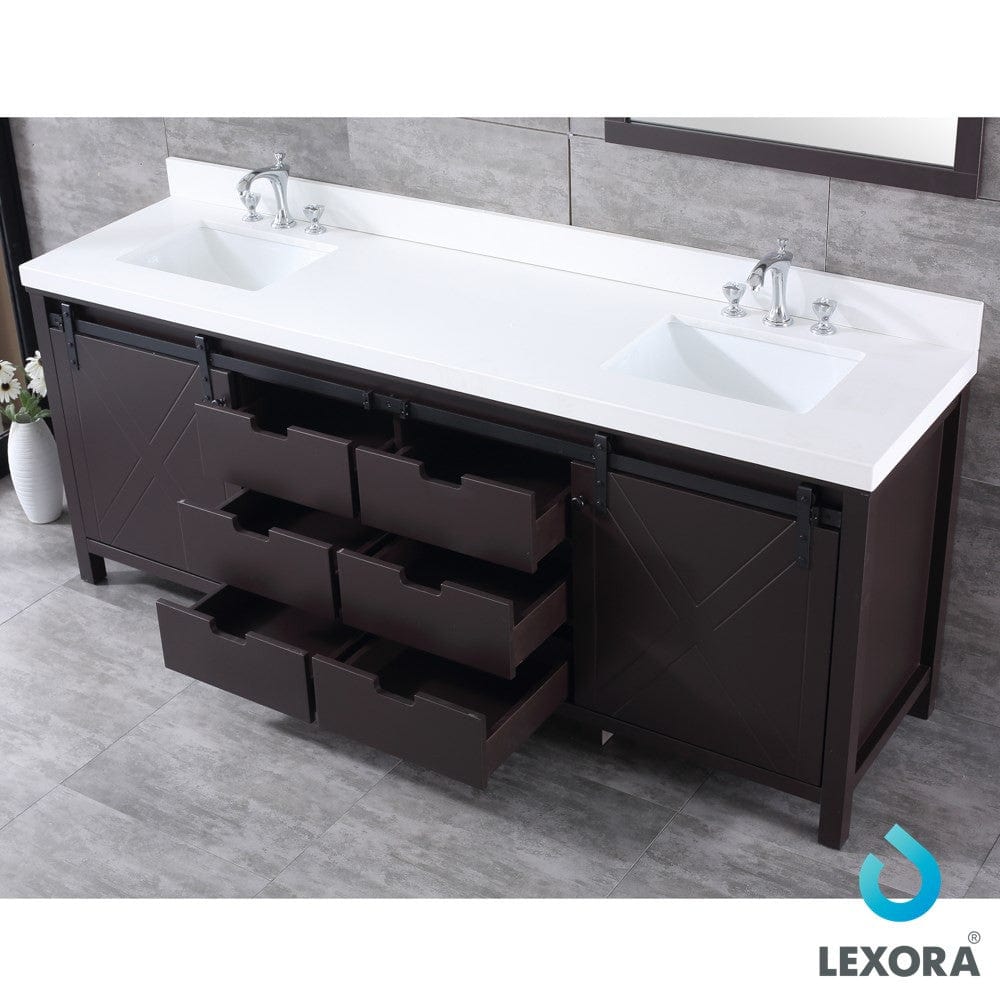 Lexora Marsyas 84" Brown Double Vanity Set | White Quartz Top | White Ceramic Square Undermount Sinks | 34" Mirrors