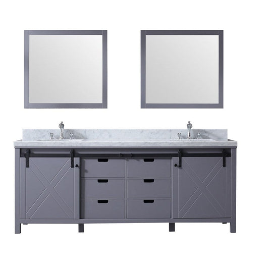 Lexora Marsyas 84" Dark Grey Double Vanity Set | White Carrara Marble Top | White Ceramic Square Undermount Sinks | 34" Mirrors