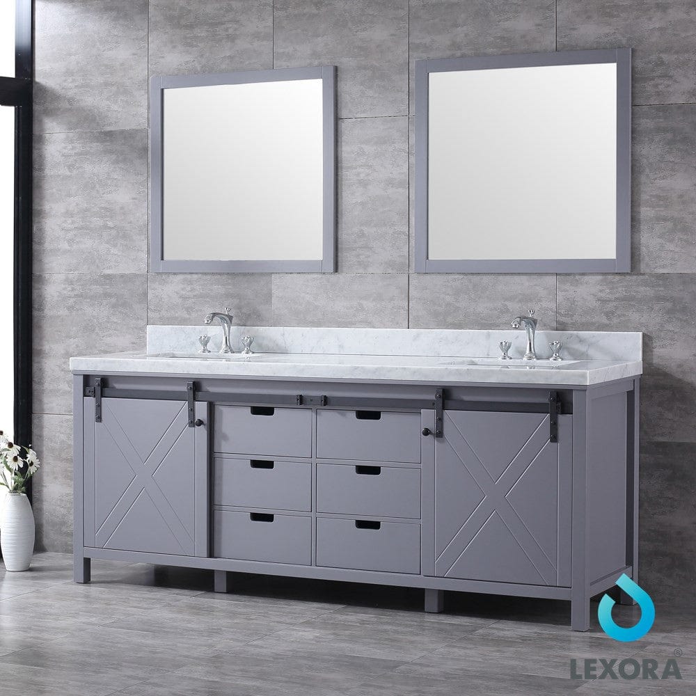 Lexora Marsyas 84" Dark Grey Double Vanity Set | White Carrara Marble Top | White Ceramic Square Undermount Sinks | 34" Mirrors