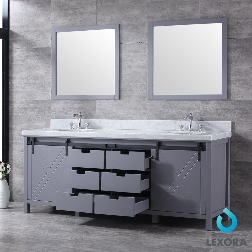 Lexora Marsyas 84" Dark Grey Double Vanity Set | White Carrara Marble Top | White Ceramic Square Undermount Sinks | 34" Mirrors